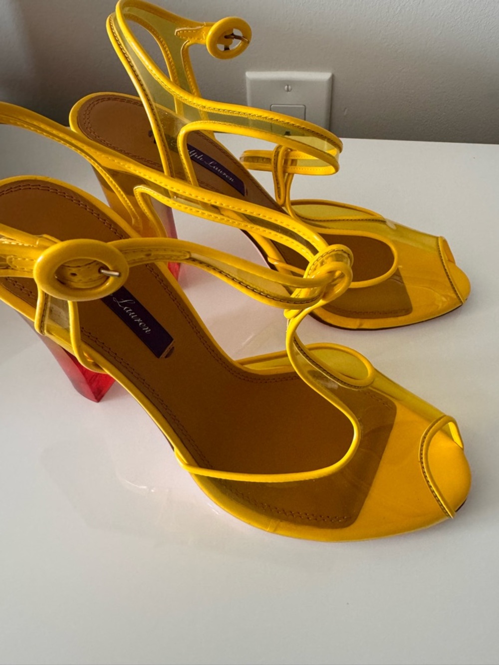 Ralph Lauren Yellow Strappy Sandals with Ombré Block Heel - Picture 3 of 4